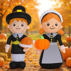 Leyndo 6.3 Ft Thanksgiving Pilgrim Inflatable Decoration, 2 Pcs Fall Pilgrim Blow Up Outdoor Decoration With LED Lights Harvest Man And Woman For Than
