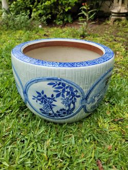 Antique Large Blue & White Porcelain Japanese Fish Bowl Planter