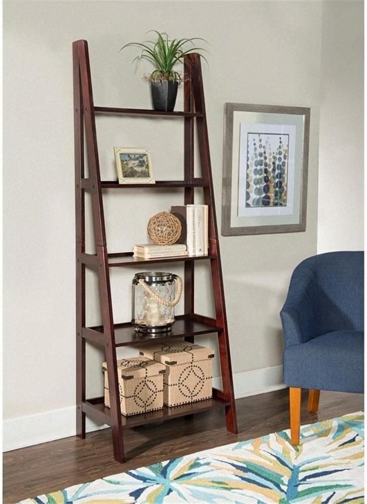 Riverbay 5 Shelf Transitional Wood Ladder Shelf Display Bookshelf in Espresso Brown Color