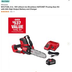 Milwaukee M18 FUEL 8 in. 18V Lithium-Ion Brushless HATCHET Pruning Saw Kit with 6Ah High Output Battery and Charger