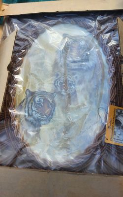 vintage framed art piece featuring tigers, designed by artist Dan Scott Nelson. 