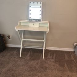 White Desk or Vanity 30” Width & Lighted Mirror (foldable)