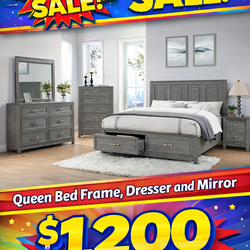 Queen bed with storage dresser and mirror