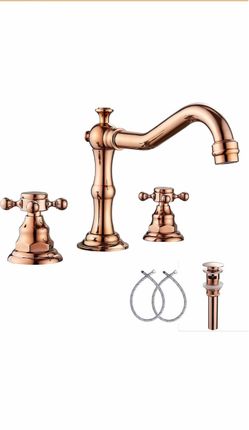 8-16 inch Two Handles 3 Holes Widespread Bathroom Sink Faucet Copper Basin Mixer Tap Faucet Matching Metal Pop Up Drain with Overflow
