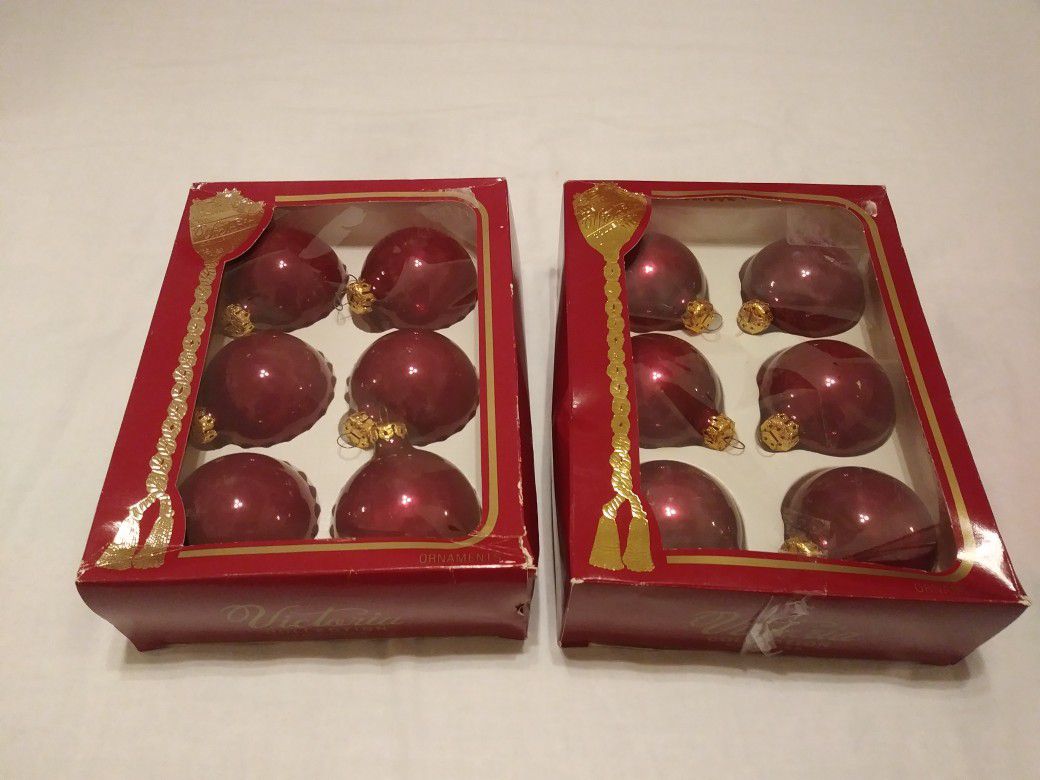 FAST SHIPPING Vintage Christmas Tree Balls Ornaments Decorations Burgandy Glass 2 Original Boxes of 6 each Victoria Collection