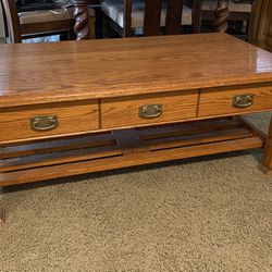 Beautiful Solid Oak Wood Coffee Table With Large Storage Drawer. Excellent Condition. Home Or Office Use. Rustic Mission Style. See Pics.  $100.00.