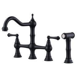 Classic Double Handle Bridge Kitchen Faucet with Side Sprayer in Matte Black