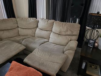 Couch Beige Fabric Sectional Sofa 3 Recliners and Chair and ottoman $250.00 or best offer