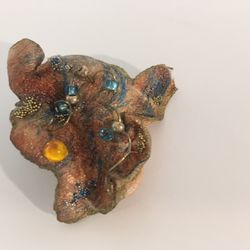 Boho Handmade Plastic Pin    Freeform  Artsy Rose Gold  Brown  With Colored Beads  2” X 2 1/5” 