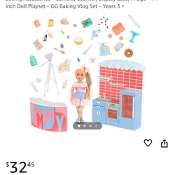 Glitter Girls – Cooking Show Set with 14-inch Doll– 50+ Food & Baking Accessories – Camera, Counter, Display Case, Fridge – 14-inch Doll Playset – GG 