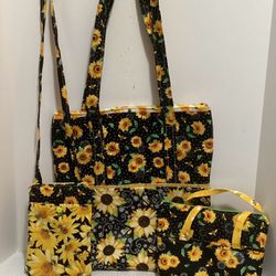 SUNFLOWERS HONEYBEE QUILTED HANDMADE TOTE COSMETIC PURSE & CELL PHONE POUCH 3 PC SET 