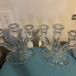 Pair Of Blown Glass Candelabra Pinwheel By American Cut  3-Arm Candle Holder