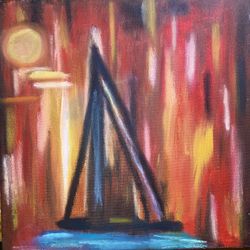 Oil Pastel, Abstract, Sailboat, Sunset, Painting On Canvas