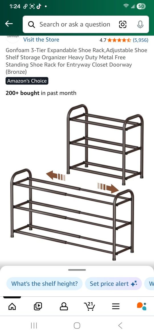 Gonfoam 3-Tier Expandable Shoe Rack,Adjustable Shoe Shelf Storage Organizer Heavy Duty Metal Free Standing Shoe Rack for Entryway Closet Doorway (Bron