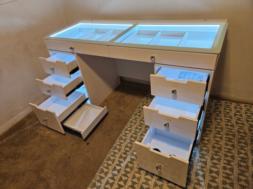 Brand New Vanity Desk 9 Drawers W/ LED Light White Glossy $560