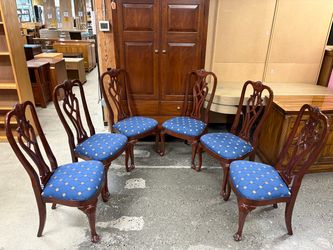 ETHAN ALLEN Cherry Finish Chippendale Dining Chairs w/ Blue Cushions (Set of 6)
