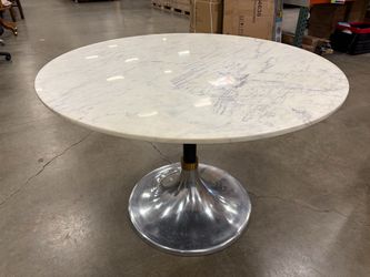 CB2 Round Marble Top Dining Table with Chrome and Brass Pedestal Base
