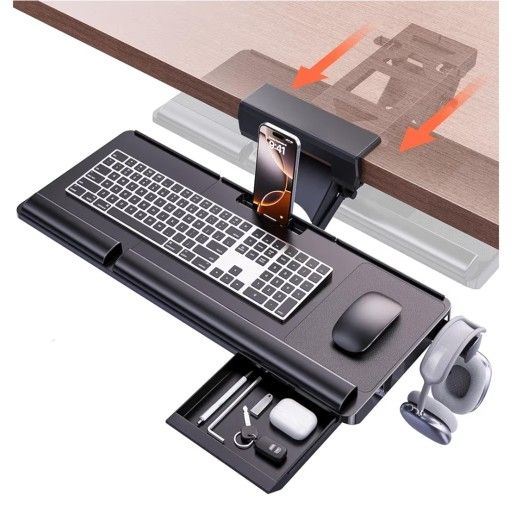 Klearlook Upgraded Ergonomic Keyboard Tray Under Desk, Adjustable Sliding Keyboard Platform Holder, Keyboard Stand with Wrist Rest & Storage Drawer fo