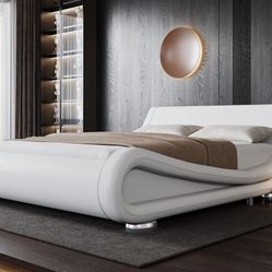 QESLKSCC001 Full Size Bed Frame with Ergonomic & Adjustable Headboard, Low Profile Modern Upholstered Platform Sleigh Design - Easy Assembly, No Box S