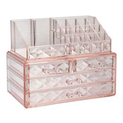 Brand New Jewelry and Cosmetic Boxes with Brush Holder - Pink Diamond Pattern Storage Display Cube Including 4 Drawers and 2 Pieces Set