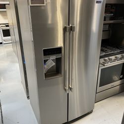 MayTag Stainless Steel 36” Wide Counter Depth Side-by-Side Refrigerator - 21 Cu. Ft.