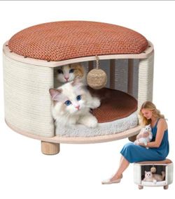 Solid Wood Cats House Stool, 300-lb Capacity. Large Cat Bed Cave for Indoor Cats & Humans. Cat Toy Ball, Removable Scratching Pad, Fleece Blanket. Sui