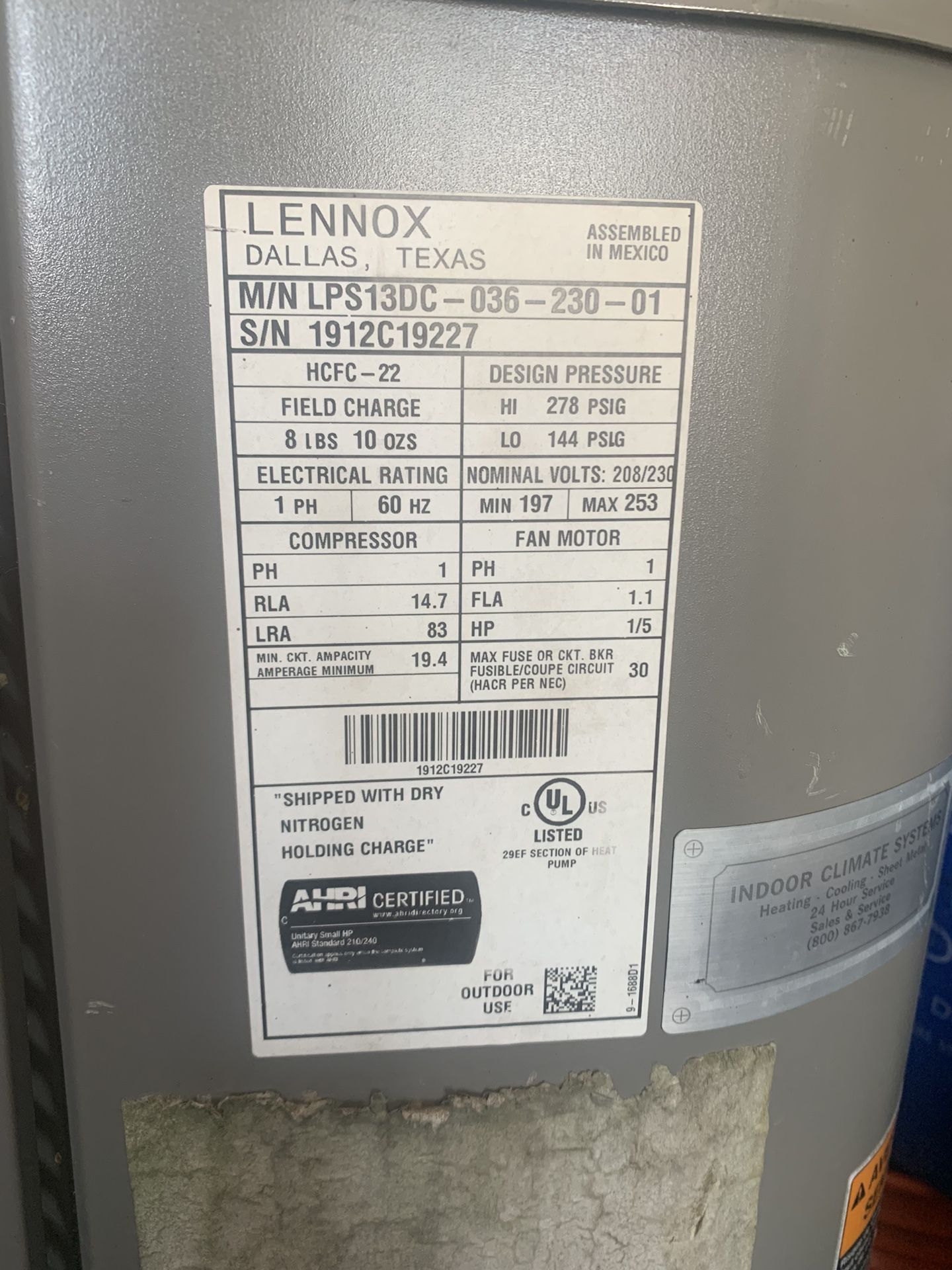Lennox  R22 3ton Condenser 