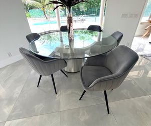 Modern Glass Dining Table Set Table + 6 Swivel Chairs