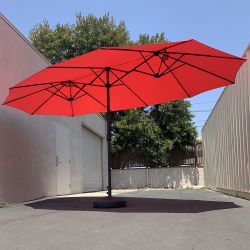 New $130 Large 15FT Double Sided Outdoor Umbrella w/ 65 LBS Plastic Weight Base (Red/Gray) 