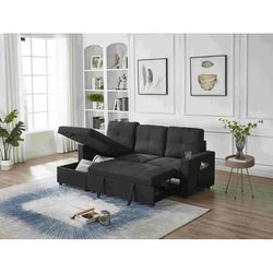 Black L Sectional Couch 🛋️ New In Box 📦 USB Port Cup Holders Pull Out Bed Storage Underneath Reversible L Side Pocket Etc 