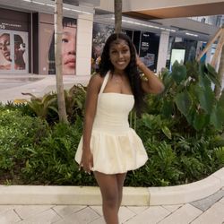 Oh Polly LUDMILA Halterneck Lace-Up Bubble Hem Corset Micro Mini Dress in Ivory