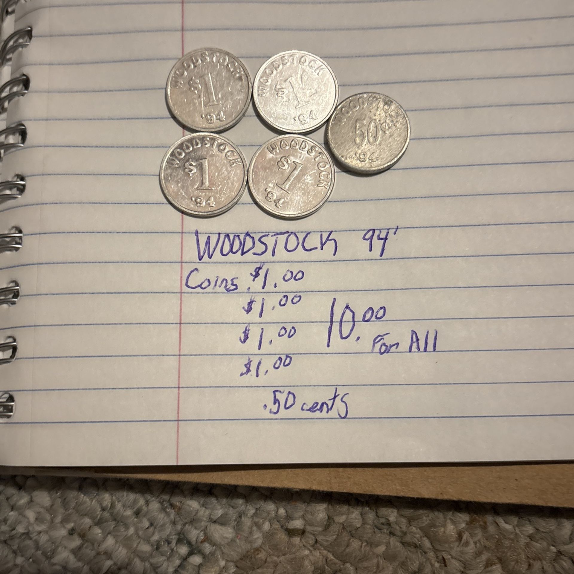 Vintage 1994 WOODSTOCK Aluminum Coins