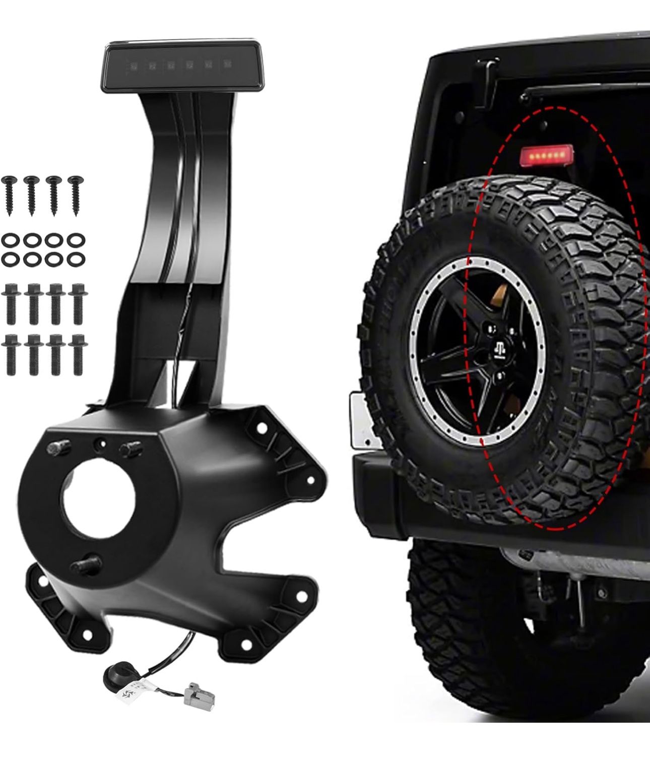 Spare Tire Holder Mounting Bracket with Screws ＆ Third Center High Mount Brake Light with Wiring Harness Compatible with 2007-2018 Jeep Wrangler JK Re