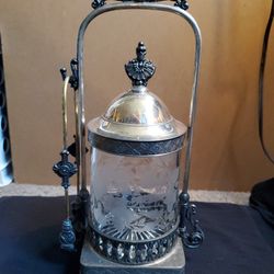 James W. Tufts Quadruple Silver Plated Antique Pickle Castor W/ Etched Glass Jar