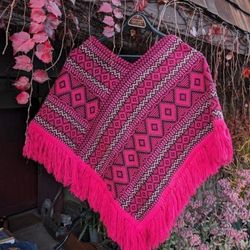 Vintage Poncho Pink Mayan Modern Hand Woven Made In Guatemala Native Fringed Mexican Blanket Unisex Coat Jacket Small / Medium