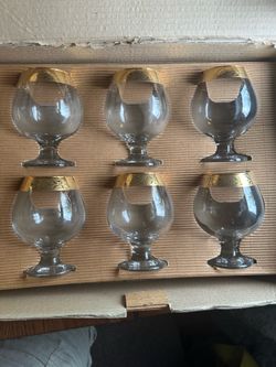 Lot of 6 - Cellini 24kt Gold Band Floral Etched Cognac Brandy Glass
