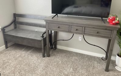 Gray Wood Console Table with 3 Drawers & Matching Storage Bench - Entryway/Living Room Furniture Set