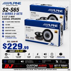 6 1/2" 2-Way Coaxial Car Speakers 2 Sets S Series 480 Watt Speaker Package Alpine S2-S65 🚨 No Credit Needed 🚨