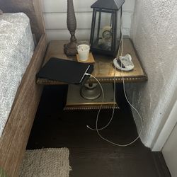 Set Of 2 Matching Gold And Glass Top Carved Wood Side Tables