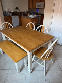 Farmhouse Dining Table Set - Wood Table, 4 Windsor Chairs & Matching Bench