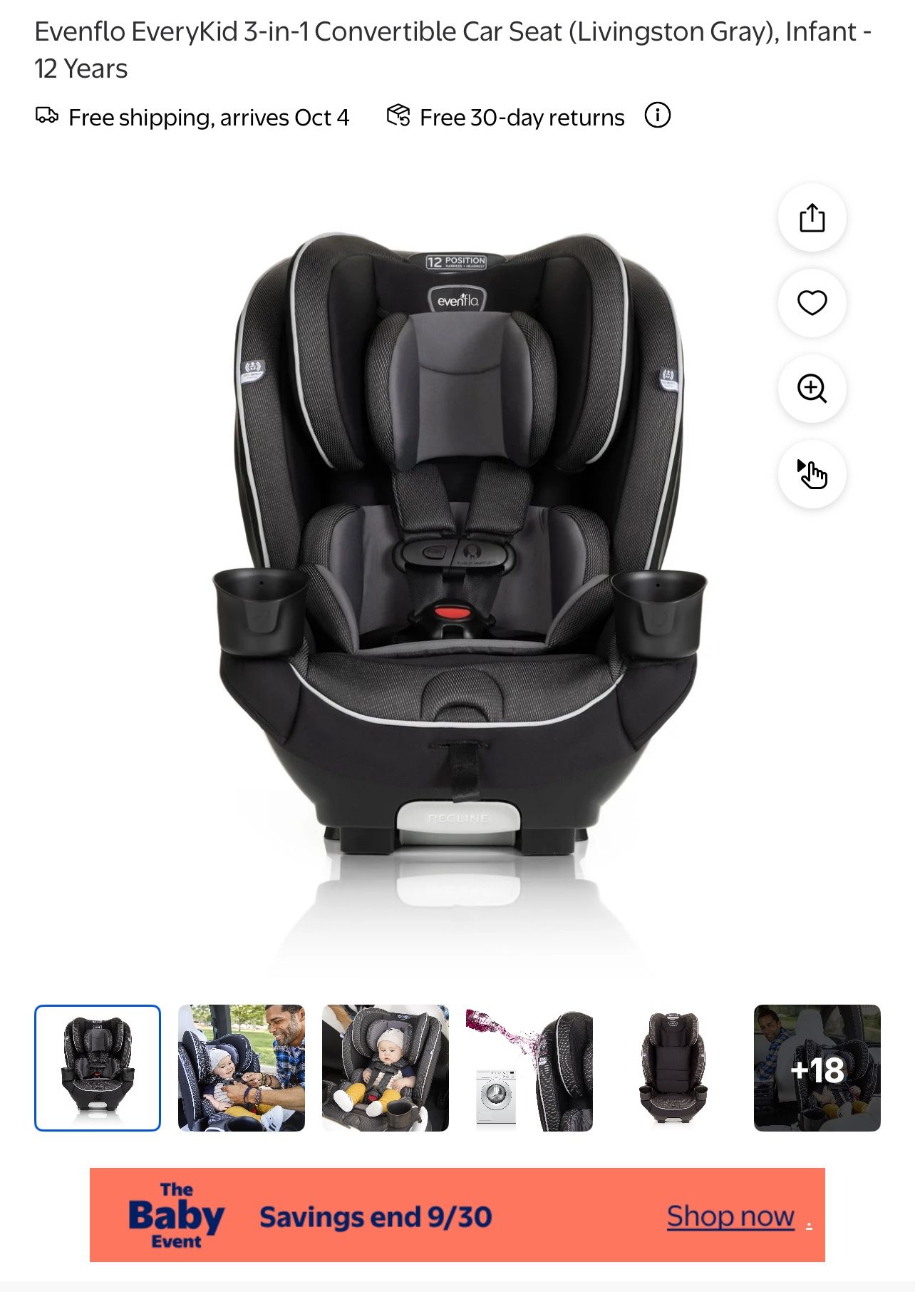 Evenflo 3 In One Convertible Car seat $65