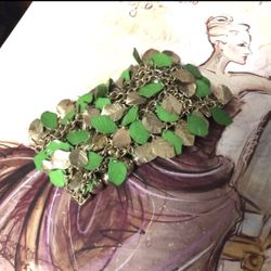 Slip On Bracelet Green Gold Leaf Charms NEW