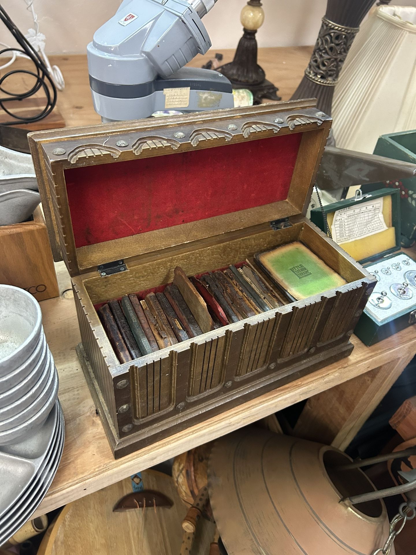 Antique Wooden Box Containing A Collections Of Miniature Books