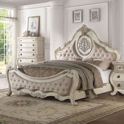 Brand New Antique White Bed with Intricate Floral Design