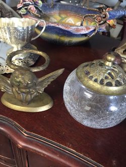 Vintage Cracked glass container and Brass Cherub candle/bud vase holder