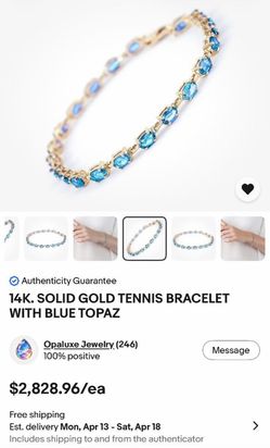 14K. SOLID GOLD TENNIS BRACELET WITH BLUE TOPAZ