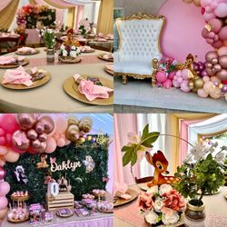 Balloons , Throne chair, Linens , Marquee numbers, Globos