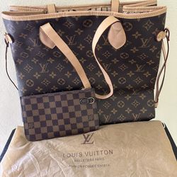 Neverfull Beige MM Tote Bag w Clutch 