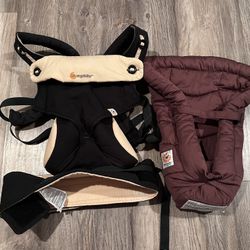 LIKE NEW - ERGO baby Four Position 360 Infant Carrier in Black/Camel with Brown Infant Insert.