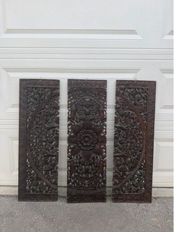 Set of three hand-carved wooden Balinese/Indonesian decorative wall panels
